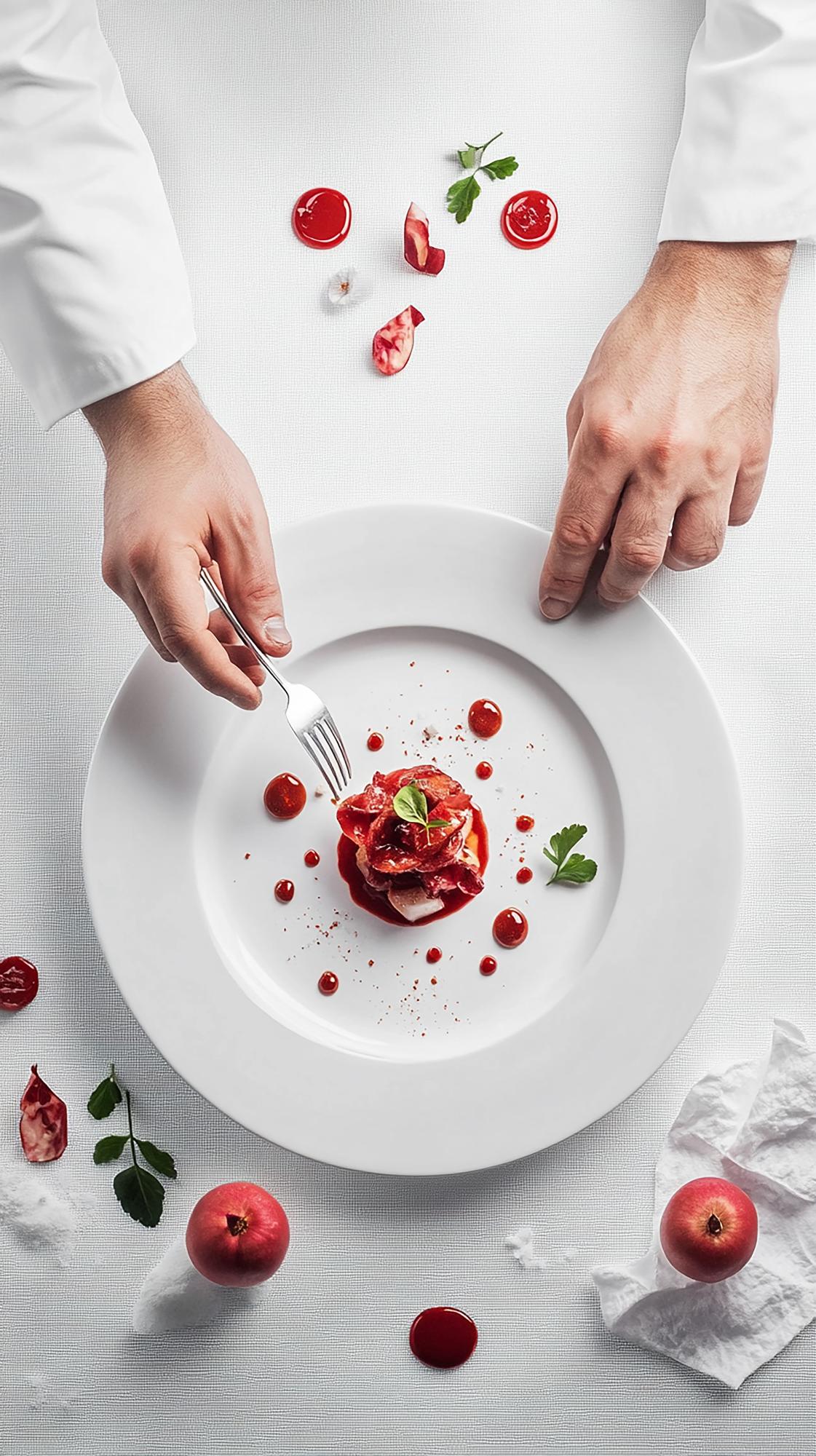 Chef preparing plated dish with hands in frame